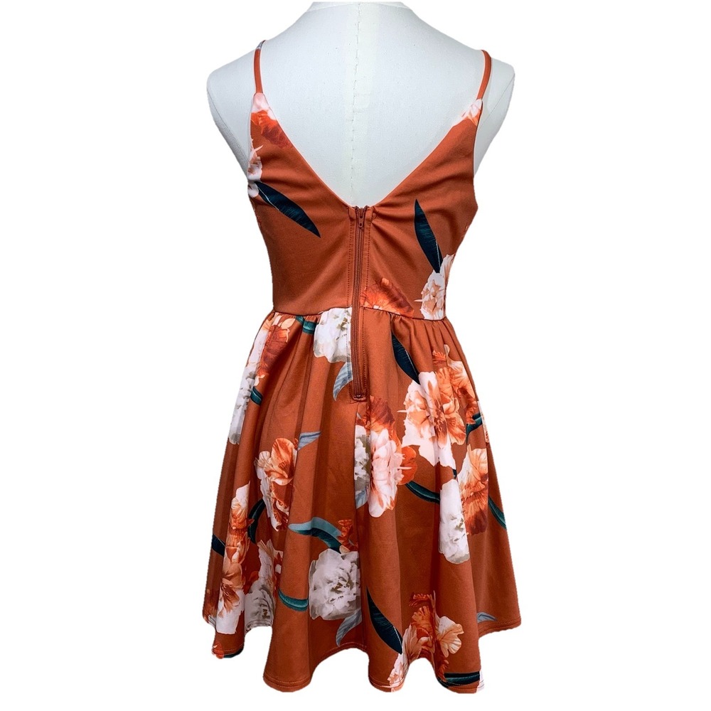 TRAC Fit and Flare Dress Womens Small Rust Floral V-Neck Spaghetti Strap Mini - Picture 6 of 10